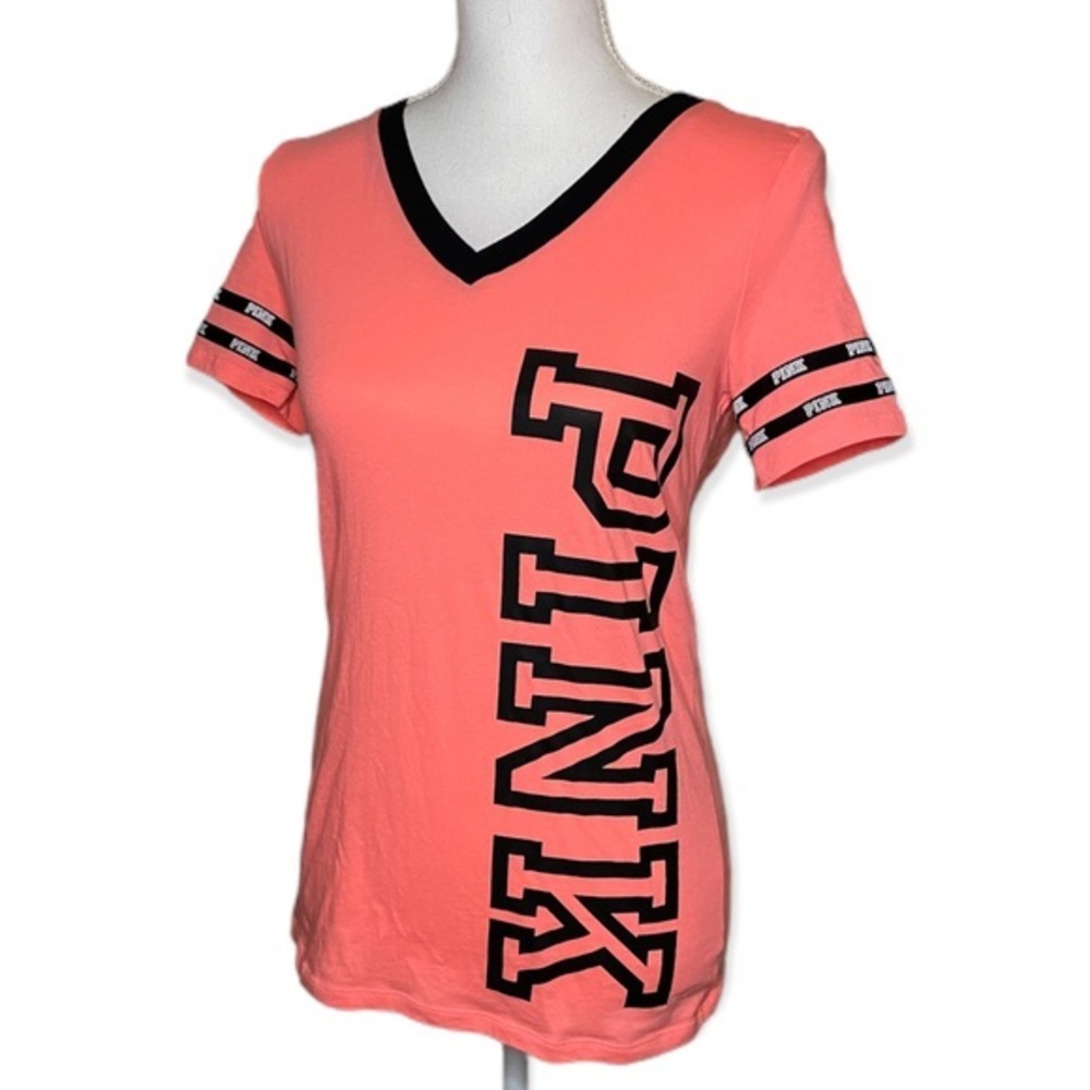 PINK Victoria’s Secret • Logo V-Neck Tee • Coral Pink & Black • Size XS